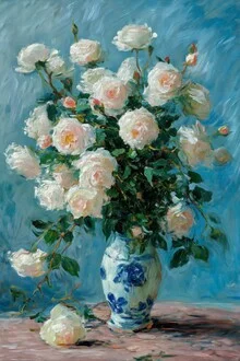 Illustration by Nikki Thaitanom: elegant flower arrangement in blue and white vase