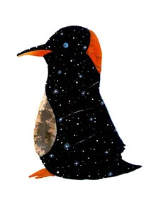 Illustration of a penguin swimming in a whimsical environment.
