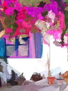 Illustration by Uma Gokhale: colorful Bougainvillea in tropical Greece