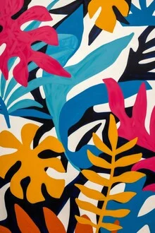 Wall art featuring tropical patterns, vibrant colors, and floral designs