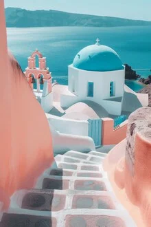 Photo art by Nikki Thaitanom: Stairway in Santorini with pastel-colored buildings