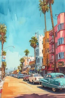 Wall art by Nikki Thaitanom: vibrant illustration of Venice Beach with palm trees.