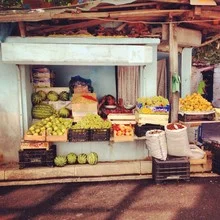 Fotografie von frischem Obstständen in Tirana während des Sommertages.