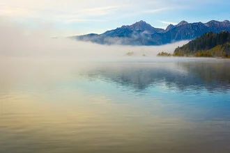 Photo art: Gentle fog over Lake Forggensee in the morning sun