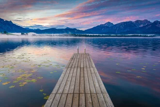 Photo art by Martin Wasilewski: calm autumn morning at the lake with mountains in the background