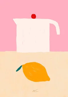 Wall art featuring a teapot and lemon in soft pastel colors