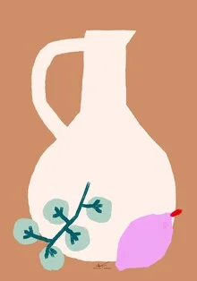 Illustration of a vase with colorful fruits, creating a warm and inviting kitchen atmosphere.