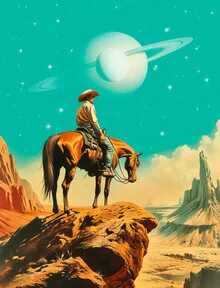 Wall art featuring an astronaut in a surreal landscape with clouds and planets.