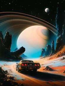 Illustration by Taudalpoi: futuristic racing car in space above mountains