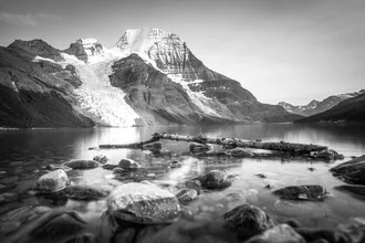 Black-and-white landscape featuring the majestic Mount Robson in the background