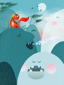 Illustration by Pia Kolle: Fantasy mountain creatures in a friendly landscape