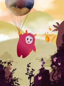 Illustration of a fantasy creature flying with a balloon, cheerful mood.