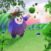 Illustration eines Fantasiewesens mit einem fliegenden Apfel, freundlich und lebhaft.
