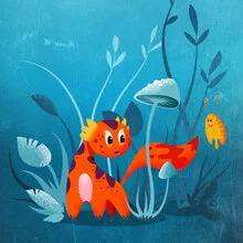 Illustration of a fantasy creature with a little friend in a whimsical setting