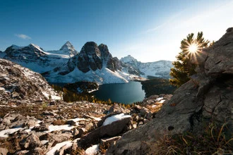 Photo art by Alexander Roe: tranquil mountain lake in Assiniboine Provincial Park at sunset