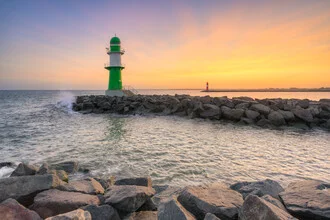 Photo art by Michael Valjak: Lighthouse at Warnemünde pier during sunrise