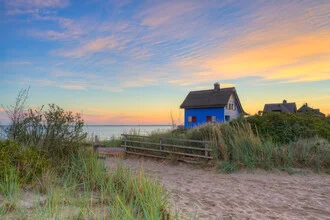 Photo art by Michael Valjak: blue house by the sea in Heiligenhafen at sunrise