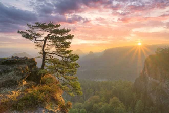 Fotokunst von Michael Valjak: Sonnenaufgang über der Sächsischen Schweiz mit Nebelschwaden