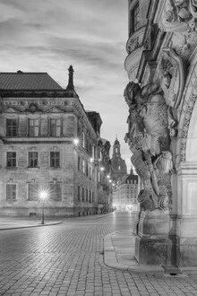 Black and white photo by Michael Valjak: Augustusstraße in Dresden at sunrise.