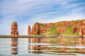 Photo art featuring cliffs and Lange Anna on Heligoland, serene coastal landscape.