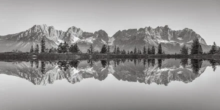Black and white photo art by Michael Valjak: panorama of a majestic mountain landscape