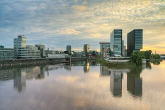 Photo art by Michael Valjak: city view of Düsseldorf's Media Harbor at sunset.