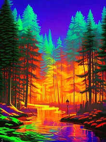 Vibrant colors and glowing trees in a captivating neon scene