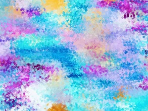 Abstract painting in blue with colorful shapes by Uma Gokhale, radiating positive emotions.