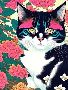 Wall art of a curious cat in a blooming garden in vintage style