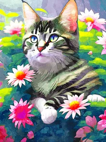 Wall art featuring an optimistic cat with a floral background, promoting positive thoughts.