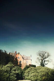 Photo art: calm water reflection featuring a house and trees in soft colors