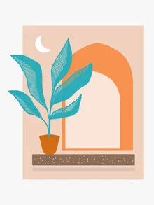 Wall art featuring a modern bohemian villa illuminated by moonlight in soft pastel colors.