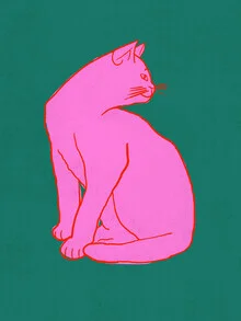 Wall art by Ania Więcław: pink cat on green background, minimalistic and friendly mood.