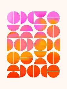 Wall art featuring colorful geometric shapes in Bauhaus style