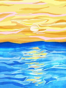 Wall art featuring a watercolor painting of a romantic sunset over the ocean.
