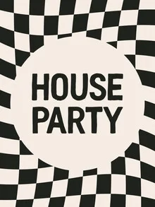 Wall art depicting a cheerful house party scene with vibrant colors and a friendly atmosphere.