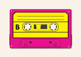 Illustration by Frankie Kerr-Dineen: a nostalgic cassette with music motifs
