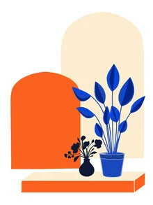 Wall art featuring a cozy window seat surrounded by plants in a bohemian style.