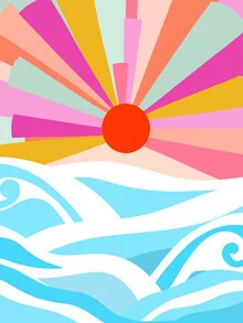Illustrated landscape in soft colors and bohemian style depicting a sunrise.