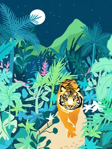Wall art: Tiger walking in a lush jungle, surrounded by botanical plants.