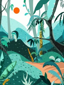 Wall art by Uma Gokhale: a vibrant tropical jungle scene with colorful plants