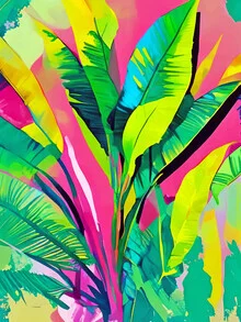 Wall art featuring vibrant banana leaves and tropical plants in a maximalist style.