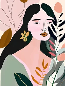 Wall art featuring a minimalist depiction of a beautiful woman in soft pastel colors