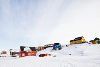 Photo art by Victoria Knobloch: colorful houses in Ilullisat covered in snow