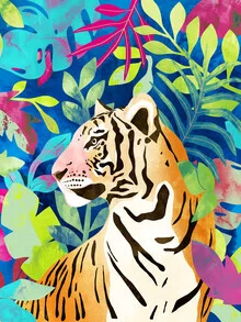 Illustration of a tiger in a jungle of plants in soft colors.