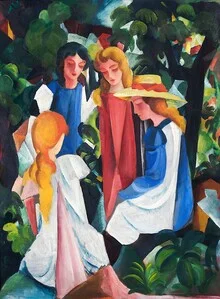 Wandbild mit vier Mädchen in bunten Kleidern, inspiriert von August Macke.