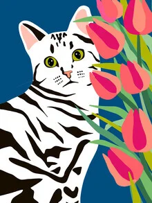 Whimsical illustration of a cute cat in vibrant colors and floral patterns
