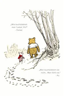 Illustration by Vintage Collection: playful depiction of Pooh with a quote about love