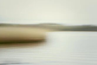 Blurred reeds by the water create a calm, abstract atmosphere.