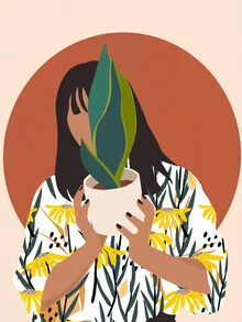 Illustration of a woman surrounded by plants, exuding a calm bohemian vibe.